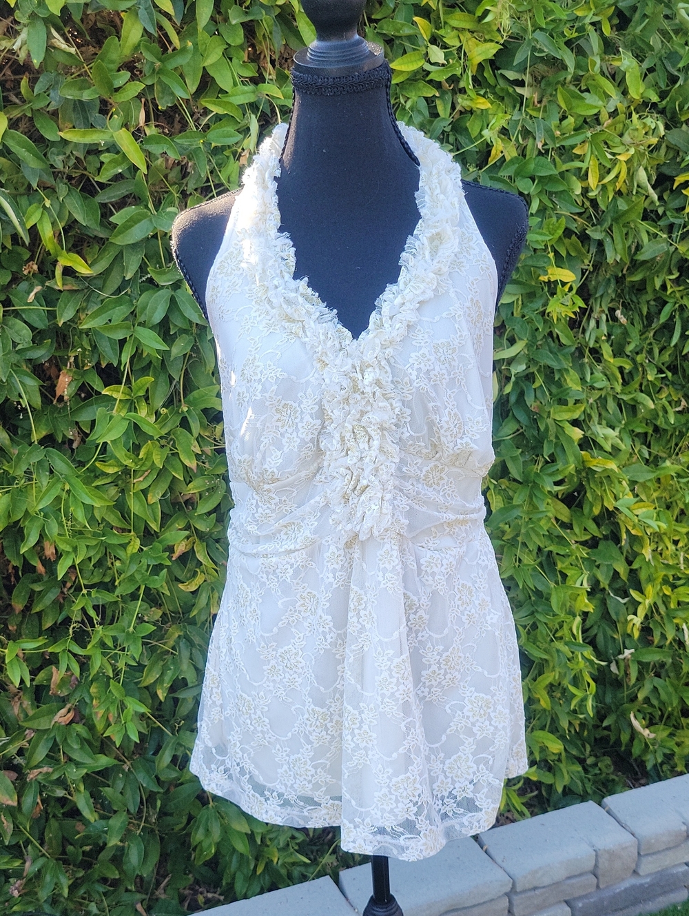 Torrid Cream Lace Halter Top With Gold Floral Accents